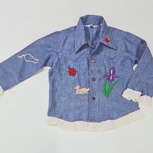 Vtg Crewel Art Denim Western Style Shirt with Lace Trim *Flawed*